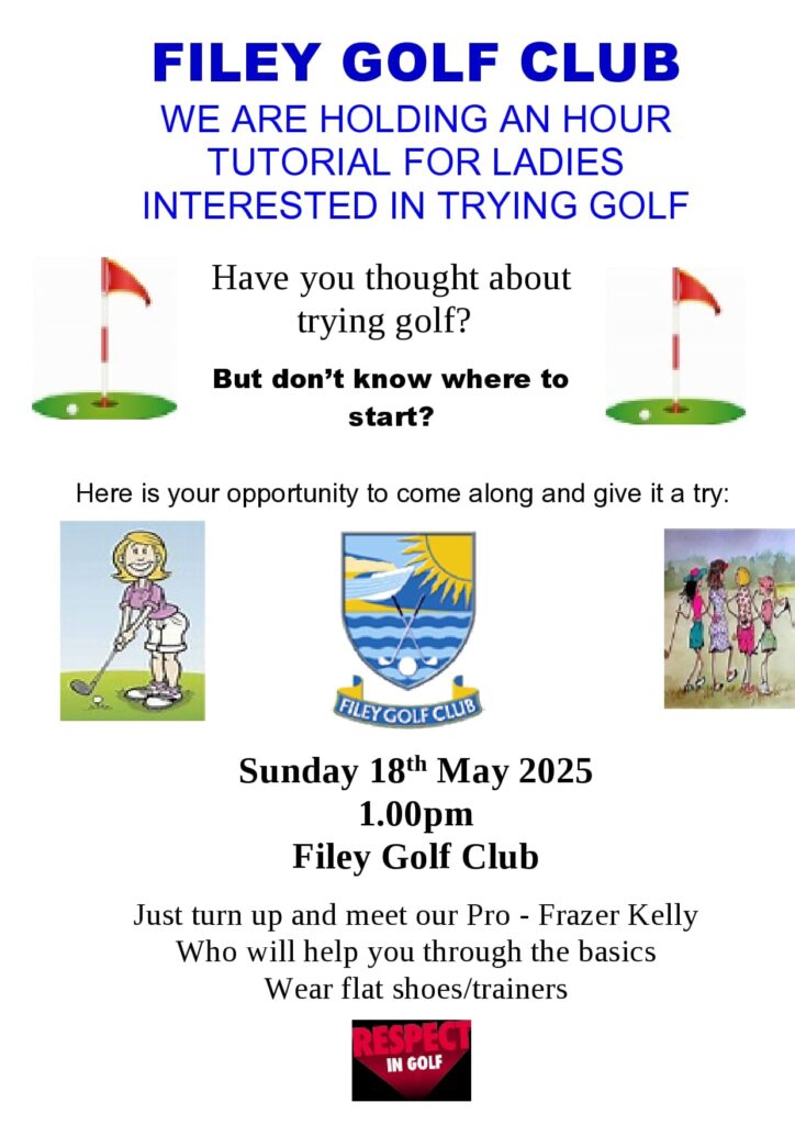 Promotional flyer for ladies' golf tutorial at Filey Golf Club on 18th May 2025, featuring welcome message, cartoon golfers, and club logo