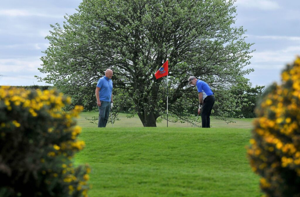 Two senior men playing golf on the green at Filey Golf Club with a red flag and tree in the background